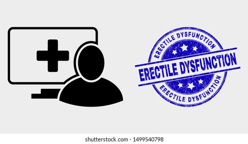 Vector computer patient pictogram and Erectile Dysfunction seal. Red round textured seal stamp with Erectile Dysfunction caption. Vector combination in flat style.