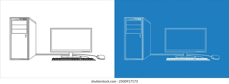 Vector Computer PC outline technical wireframe line drawing Illustration isolated on transparent background
