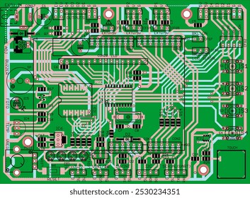 Vector computer printed circuit board of electronic device with components of radio elements, conductors and contact pads placed on it. Engineering technical cad drawing. Concept of pcb design.