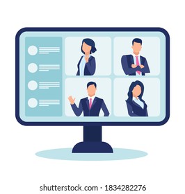 Vector of computer screen with business people chatting having a video conference isolated on white background 