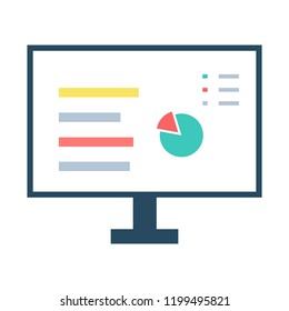 Vector computer screen with data. Vector computer monitor with chart pie. Computer screen displaying statistics and analytics data. Computer screen icon. 