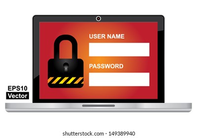 Vector : Computer Security Concept Present By Computer Laptop or Computer Notebook With Login Form and The Key Lock Icon on Red Screen Isolated on White Background 
