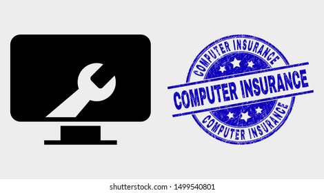 Vector computer settings wrench icon and Computer Insurance seal stamp. Red rounded grunge seal stamp with Computer Insurance caption. Vector combination in flat style.