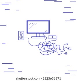 A vector computer, a speaker and a clock with a huge tangle of wires. Linear illustration.