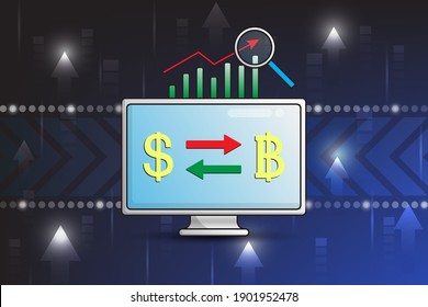 Vector de la moneda de intercambio por computadora y acciones en tendencia alcista.