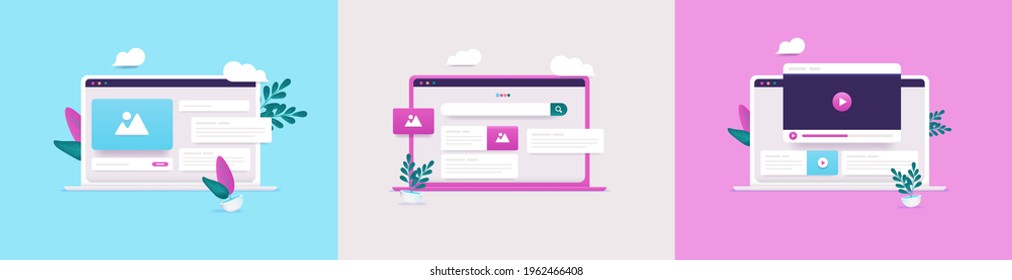 Vector computer UI collection - Illustration set of laptops with user interface and web graphics in 3d style. Computer screen with internet concept.