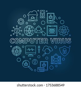 Vector Computer Virus round blue concept thin line illustration on dark background