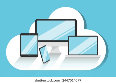 Vector Computing Concept Design on Blue Background. Data cloud and computing icon illustrations. Digital devices inside data cloud. Technology concept creative design background. Isolated elements.