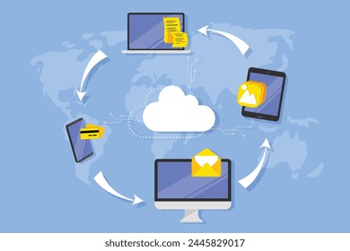 Vector Computing and Data Cloud Technology Concept Design Background. Digital devices icon illustrations. Electronic devices and e commerce concept icons. Global technology computing background.