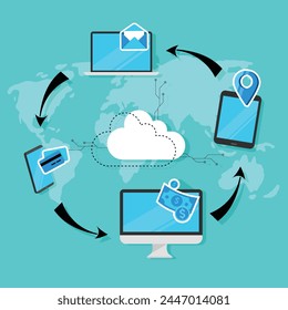 Vector Computing and Data Cloud Technology Concept Design Background. Digital devices icon illustrations. Electronic devices and e commerce concept icons. Global technology computing background.