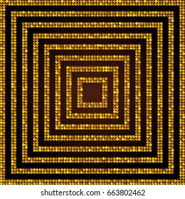 Vector Concentric Square Gold Golden Mosaic, Sequin, Glitter, Sparkle, Star Elements Background. Vector illustration. Web Design.