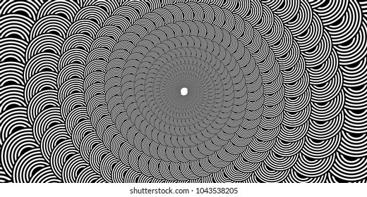 Vector Concentrical Disc Spiral Vortex Shape - Black and White Generative Op Art Wide Background
