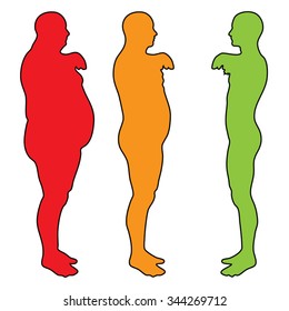 Concepto vectorial Sobrepeso de grasa 3D vs dieta ajustada delgada con silueta de hombre joven aislada en fondo blanco para pérdida de peso, cuerpo, aptitud, grasa, obesidad, salud, sano, macho, dieta, forma