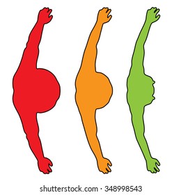 Vector concept 3D fat overweight vs slim fit diet with muscles young man silhouette isolated on white background for weight loss, body, fitness, fatness, obesity, health, healthy, male, dieting shape