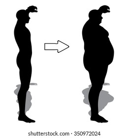 Vector concept 3D fat overweight vs slim fit diet with muscles young man silhouette isolated on white background  for weight loss, body, fitness, fatness, obesity, health, healthy, male, dieting shape