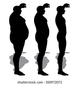 Vector concept 3D fat overweight vs slim fit diet with muscles young man silhouette isolated on white background  for weight loss, body, fitness, fatness, obesity, health, healthy, male, dieting shape