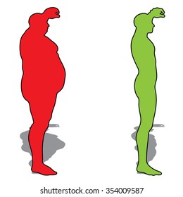 Concepto vectorial Sobrepeso de grasa 3D vs dieta ajustada delgada con silueta de hombre joven aislada en fondo blanco para pérdida de peso, cuerpo, aptitud, grasa, obesidad, salud, saludable, masculino, forma de dieta