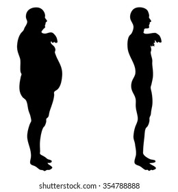 Vektor-Konzept 3D Fettübergewicht vs. schlanke, passende Diät mit Muskeln junge Mann Silhouette einzeln auf weißem Hintergrund für Gewichtsverlust, Körper, Fitness, Fatness, Fettleibigkeit, Gesundheit, gesund, männlich, Diätform