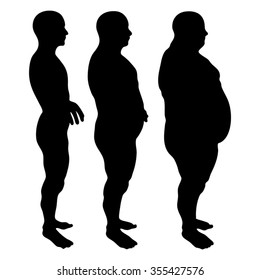 Vector Concept 3D Fat Overweight Vs Slim Fit Diet With Muscles Young Man Silhouette Isolated On White Background For Weight Loss, Body, Fitness, Fatness, Obesity, Health, Healthy, Male, Dieting Shape