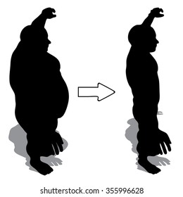 Vektor-Konzept 3D Fettübergewicht vs. schlanke, passende Diät mit Muskeln junge Mann Silhouette einzeln auf weißem Hintergrund für Gewichtsverlust, Körper, Fitness, Fatness, Fettleibigkeit, Gesundheit, gesund, männlich, Diätform