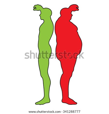 Vector concept 3D fat overweight vs slim fit diet with muscles young man silhouette isolated on white background for weight loss, body, fitness, fatness, obesity, health, healthy, male, dieting shape