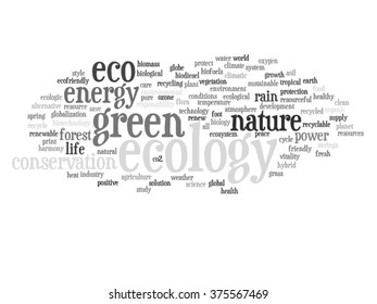 Vector concept abstract green ecology or energy and conservation word cloud text isolated on background metaphor to environment, recycle, earth, alternative, protection, energy, eco friendly or bio