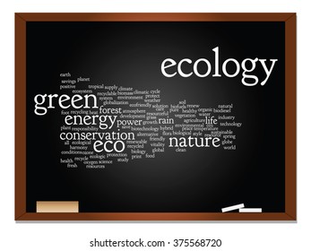 Vector concept abstract green ecology, conservation word cloud text, blackboard and chalk background metaphor to environment, recycle, earth, alternative, protection, energy, eco friendly or bio