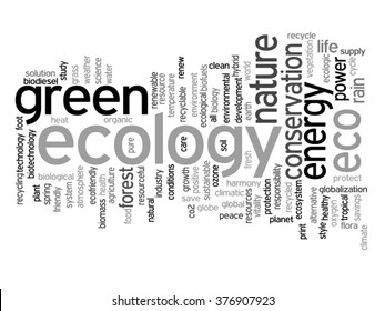 Vector concept abstract green ecology or energy and conservation word cloud text isolated on background for environment, recycle, earth, clean, alternative, protection, energy, eco friendly or bio
