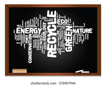Vector concept abstract green ecology, conservation word cloud text, blackboard and chalk background for environment, recycle, earth, clean, alternative, protection, energy, eco friendly or bio