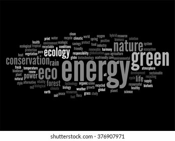 Vectorkonzept abstrakte grüne Ökologie oder Energie- und Erhaltungstext Wolke einzeln auf Hintergrund für Umwelt, Recycling, Erde, saubere, alternative, Schutz, Energie, umweltfreundliche oder biologische