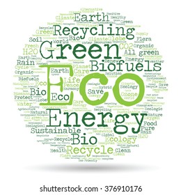 Vector concept abstract green ecology or energy and conservation word cloud text isolated on white background  for environment, recycle, earth, clean, alternative, protection, energy, eco friendly bio