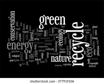 Vector concept abstract green ecology or energy and conservation word cloud text isolated on background metaphor to environment, recycle, earth, alternative, protection, energy, eco friendly or bio