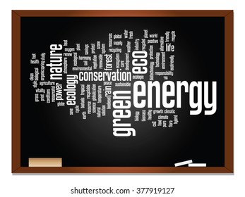 Abstrakte grüne Ökologie des Vektorkonzepts, Konservierungswort Cloud-Text, Tafel- und Kreide-Hintergrund-Metapher für Umwelt, Recycling, Erde, Alternative, Schutz, Energie, umweltfreundliche oder biologische