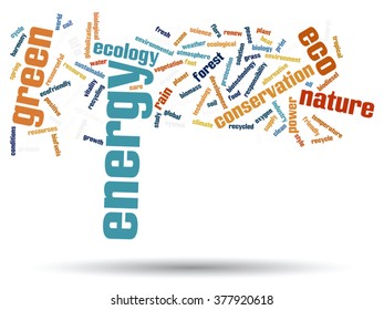 Vektor-Konzept abstrakte grüne Ökologie oder Energie-und Konservierungswort Cloud Text einzeln auf der Hintergrund-Metapher für Umwelt, Recycling, Erde, Alternative, Schutz, Energie, umweltfreundliche oder biologische