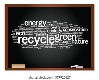 Vector concept abstract green ecology, conservation word cloud text, blackboard and chalk background metaphor to environment, recycle, earth, alternative, protection, energy, eco friendly or bio