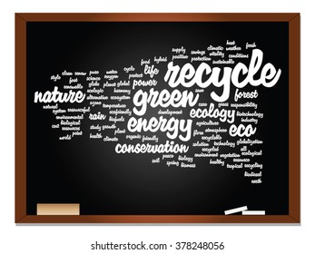 Concepto vectorial ecología verde abstracta, palabra de conservación texto en nube, pizarra y metáfora de fondo de tiza al medio ambiente, reciclar, tierra, alternativa, protección, energía, eco-amigable o bio