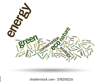 Vector concept abstract green ecology or energy and conservation word cloud text isolated on background metaphor to environment, recycle, earth, alternative, protection, energy, eco friendly or bio