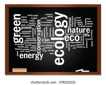 Vector concept abstract green ecology, conservation word cloud text, blackboard and chalk background metaphor to environment, recycle, earth, alternative, protection, energy, eco friendly or bio