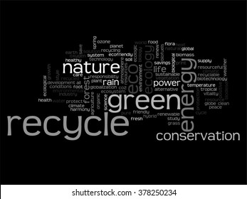 Vector concept abstract green ecology or energy and conservation word cloud text isolated on background metaphor to environment, recycle, earth, alternative, protection, energy, eco friendly or bio