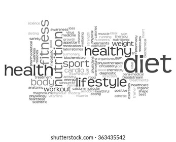 Concepto vectorial dieta de salud abstracta o deporte nube de palabras o nube de palabras sobre el fondo de la salud, nutrición, dieta, bienestar, cuerpo, energía, medicina, fitness, medicina, gimnasia, medicina, deporte, cardiología