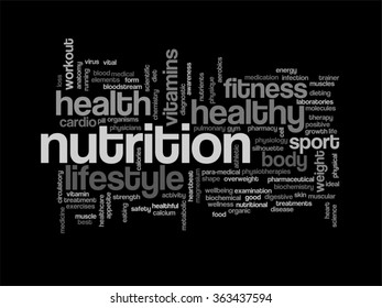 Vector concept abstract health diet or sport word cloud or wordcloud on background for health, nutrition, diet, wellness, body, energy, medical, fitness, medical, gym, medicine, sport, heart science