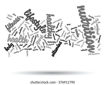 Concepto vectorial dietas de salud abstractas deportes palabra nube nucleosaislado en segundo plano en salud, nutrición, dieta, bienestar, cuerpo, energía, medicina, fitness, medicina, medicina, deportes de corazón