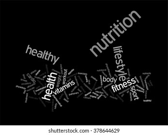 Vector concept abstract health diet or sport word cloud or wordcloud on background for health, nutrition, diet, wellness, body, energy, medical, fitness, medical, gym, medicine, sport, heart o science