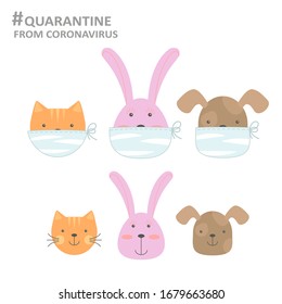 Vector concept abstract illustration of individual protection from Coronavirus, 2019-nCoV, Covid-19. Cute animals wearing medical masks in quarantine: cat, dog, rabbit. Characters for kids / children