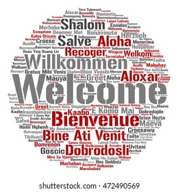 Vector concept abstract round welcome or greeting international word cloud in different languages or multilingual isolated metaphor to world, foreign, worldwide, travel, translate, vacation or tourism