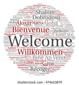 Vector concept abstract round welcome or greeting international word cloud in different languages or multilingual isolated metaphor to world, foreign, worldwide, travel, translate, vacation or tourism