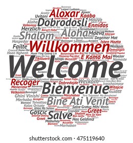 Vector concept abstract round welcome or greeting international word cloud in different languages or multilingual isolated metaphor to world, foreign, worldwide, travel, translate, vacation or tourism