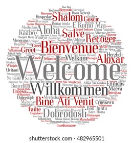 Vector concept abstract round welcome or greeting international word cloud in different languages or multilingual isolated metaphor to world, foreign, worldwide, travel, translate, vacation or tourism