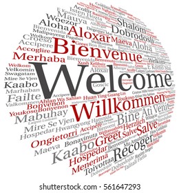 Vector concept abstract round welcome or greeting international word cloud in different languages or multilingual metaphor to world, foreign, worldwide, travel, translate, vacation or tourism