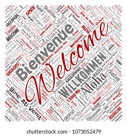 Vector concept abstract square welcome or greeting international word cloud in different languages or multilingual isolated metaphor to world, foreign, worldwide, travel, translate, vacation tourism